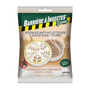 Spirales anti-moustiques à base de géraniol et boîtier diffuseur décoratif – Sachet de 4 spirales + 1 diffuseur